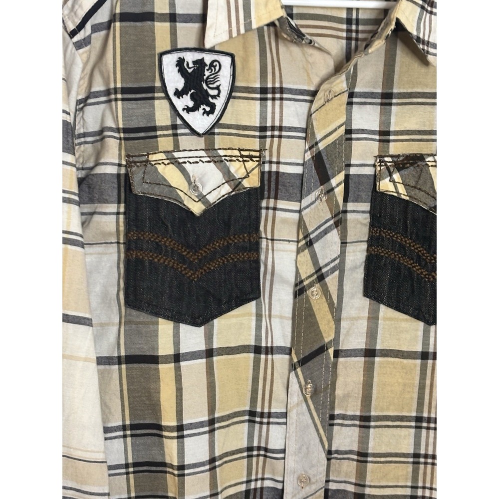 Red Ape Mens Tan Black Plaid Button Down Shirt Lion Crest Patch Size Large - Picture 9 of 16